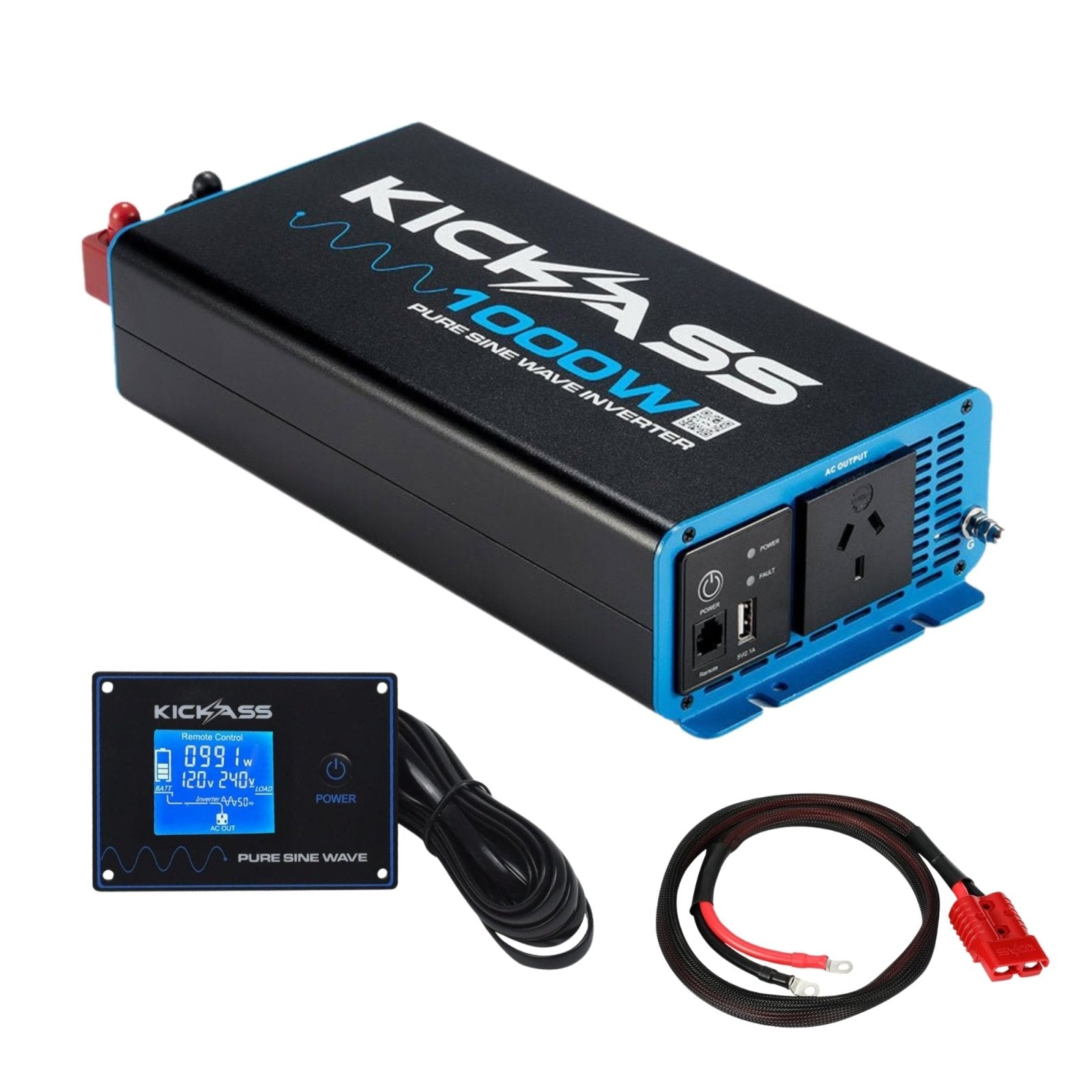 KickAss ProductsKickAss 1000W Pure Sine Wave Inverter + Remote Display + Battery Box Inverter Cable Bundle