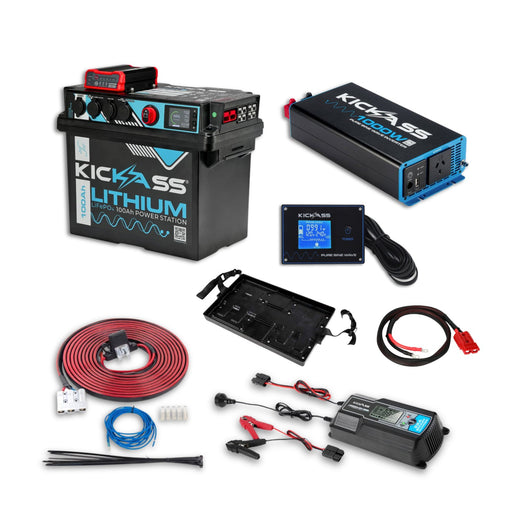 KickAss 12V 100Ah Lithium Power Station Complete Dual Battery Kit with 1000W Inverter, DCDC Charger, Display Panel, Tray & Wiring