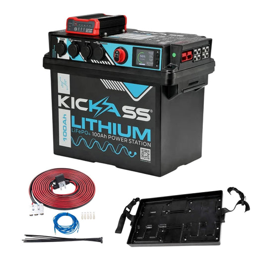 KickAss 100Ah Lithium Power Station Essentials Dual Battery Kit with DCDC Charger, Tray & Wiring