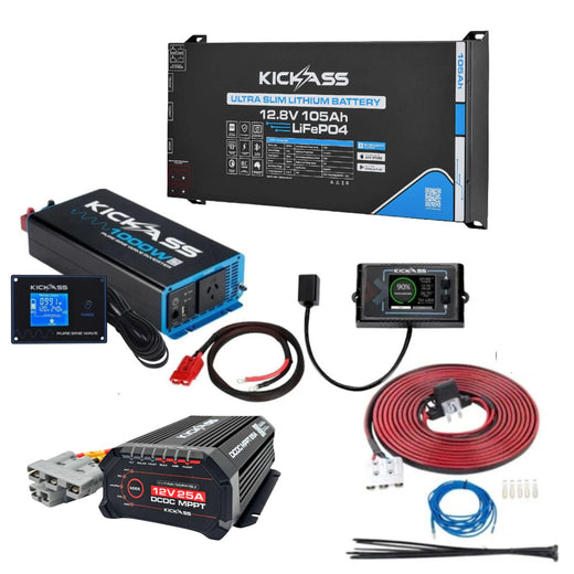KickAss Smart 12V 105Ah Ultra Slim Lithium Complete Dual Battery Kit with 1000W Inverter, 25A DCDC Charger, Display Panel & Wiring
