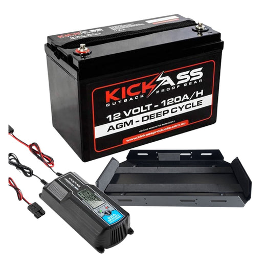 KickAss 12V 120Ah Deep Cycle AGM Battery Bundle + 22A Charger & Tray