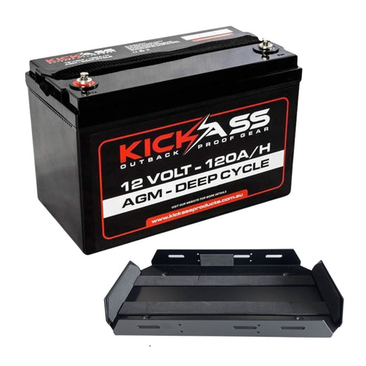 KickAss 12V 120Ah Deep Cycle AGM Battery + Tray Bundle