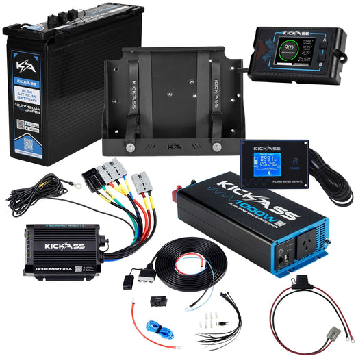 KickAss Smart 12V 120Ah Lithium Complete Dual Battery Kit with 1000W Inverter, 25A DCDC Charger, Display Panel, Tray & Wiring