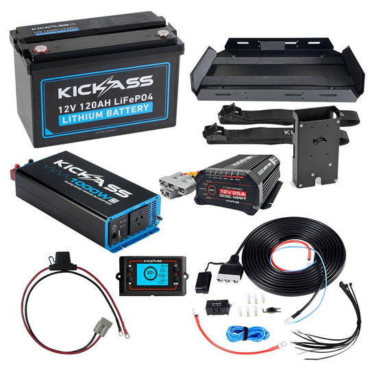 KickAss ProductsKickAss 120Ah Lithium Complete Dual Battery Kit with 1000W Inverter, 25A DCDC Charger, Shunt, Tray & WiringKA12120XBXTRAYDCDCINV