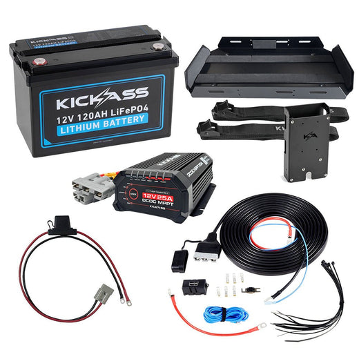KickAss 120Ah Lithium Essentials Dual Battery Kit with 25A DCDC Charger, Tray & Wiring