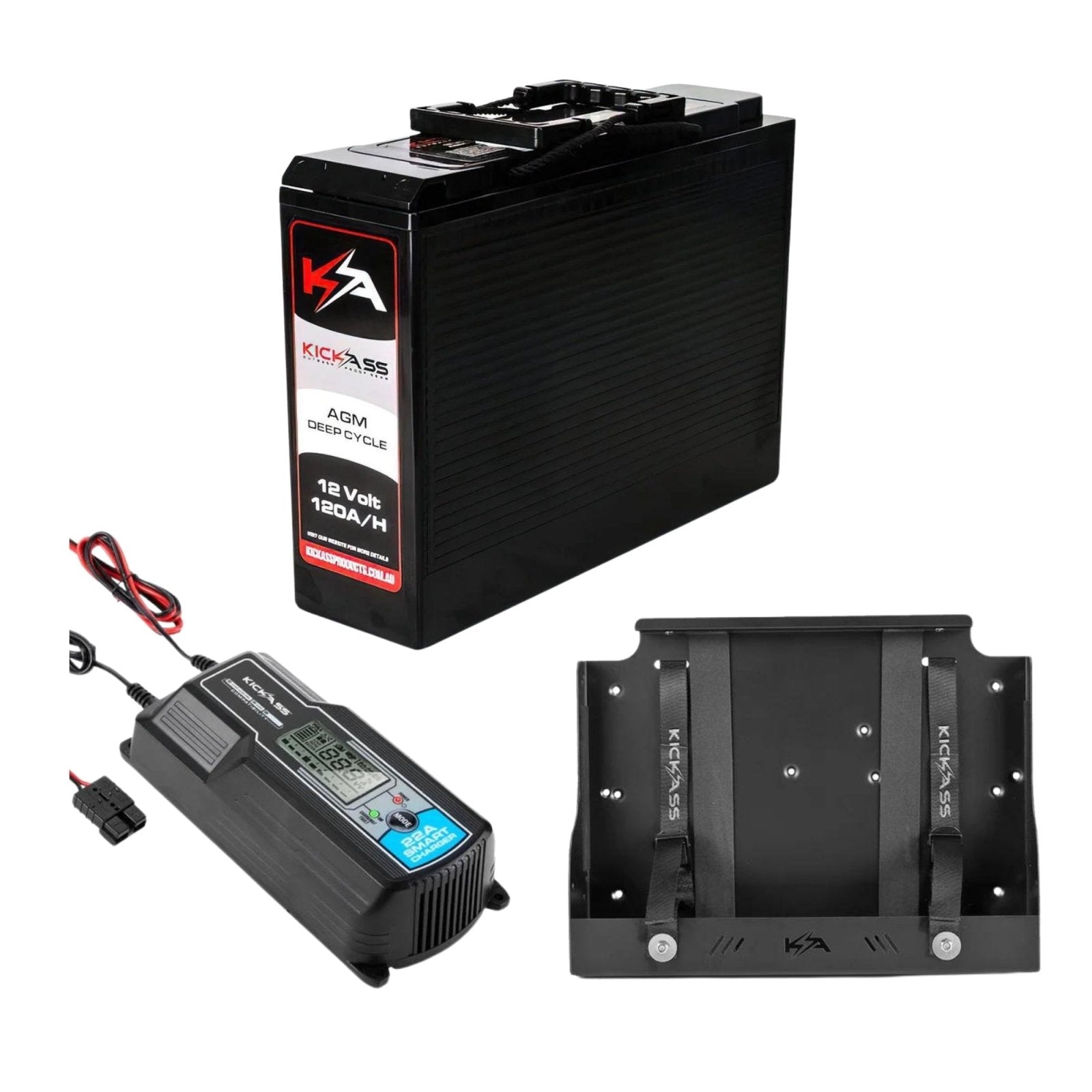 KickAss ProductsKickAss 120Ah Slimline 12V Deep Cycle AGM Battery + Tray + 22A Smart Battery Charger BundleKA12120SLIMTRAY22A