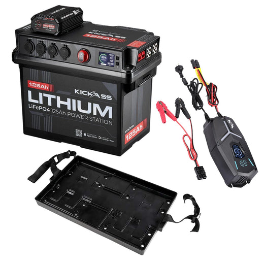 KickAss 125Ah Lithium Battery Box + 32A AC Charger Bundle with Tray