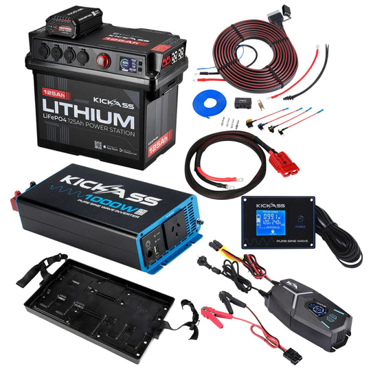 KickAss ProductsKickAss 125Ah Lithium Battery Box Complete Dual Battery Kit with 1000W Inverter, AC Charger & WiringKABOX125LION-25A-COMPLETE-AC