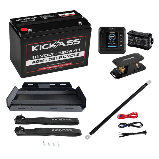 KickAss ProductsKickAss 12V 120Ah AGM Deep Cycle Battery Bundle with Smart Shunt, N70 Tray and Power Connections KitKA12120AGMBUNDLE