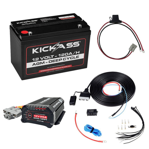 KickAss 12V 120Ah AGM Essentials Dual Battery Kit with 25A DCDC Charger, Wiring Kit and Maxi Fuse Holder