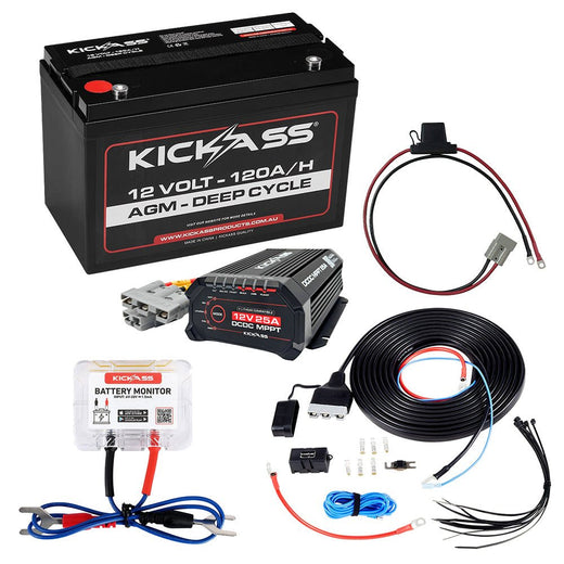 KickAss 12V 120Ah Deep Cycle AGM Essentials Dual Battery Kit with 25A DCDC Charger, Monitor, and Wiring