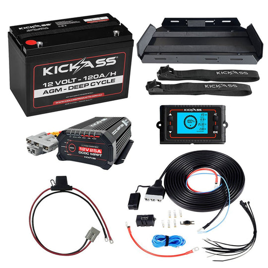 KickAss ProductsKickAss 12V 120Ah Deep Cycle AGM Premium Dual Battery Kit with 25A DCDC Charger, Shunt, Tray & WiringKA120COMPAGMDBK