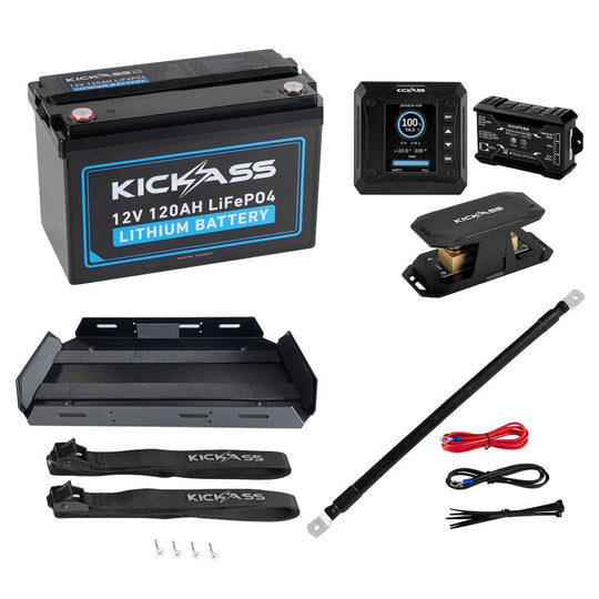 KickAss ProductsKickAss 12V 120Ah Lithium Deep Cycle Battery Bundle with Smart Shunt, N70 Tray and Power Connections KitKA12120XBLIONBUNDLE