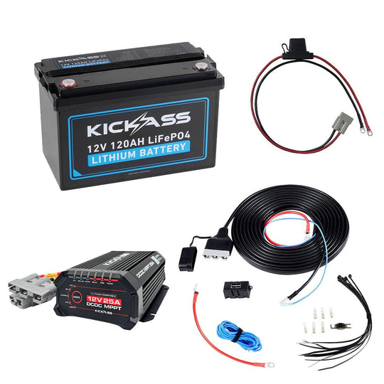 KickAss ProductsKickAss 12V 120Ah Lithium Essentials Dual Battery Kit with 25A DCDC Charger, Wiring Kit and Maxi Fuse HolderKADBKIT120XBLION