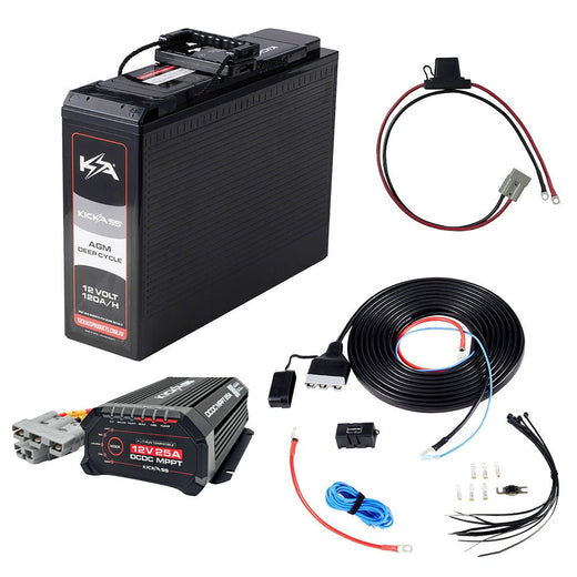 KickAss 12V 120Ah Slimline AGM Essentials Dual Battery Kit with 25A DCDC Charger, Wiring Kit and Maxi Fuse Holder