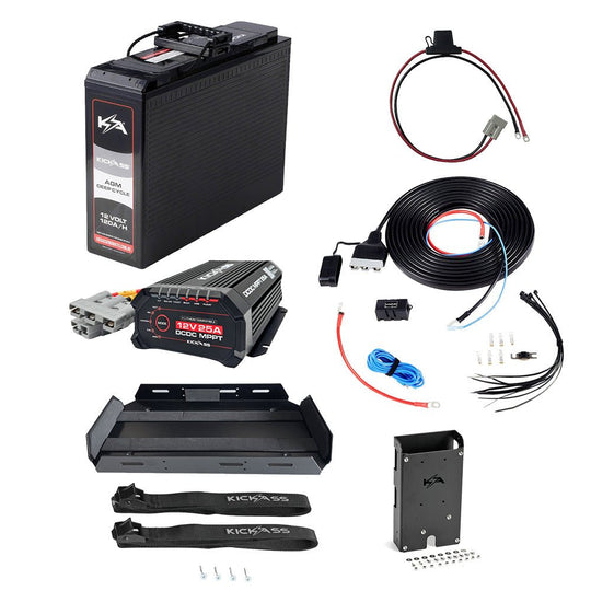 KickAss ProductsKickAss 12V 120Ah Slimline AGM Essentials Dual Battery Kit with 25A DCDC Charger, Wiring Kit, Battery Tray, Accessory Panel and Maxi Fuse HolderKADBKIT120SLIMAGMTRAY
