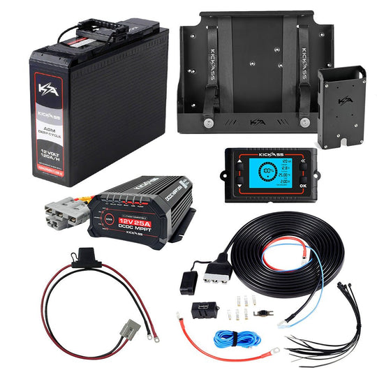 KickAss ProductsKickAss 12V 120Ah Slimline Deep Cycle AGM Complete Dual Battery Kit with 25A DCDC Charger, Shunt, Tray & WiringKA120COMPSLIMAGMDBK