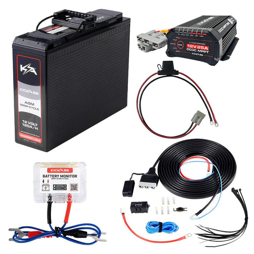 KickAss 12V 120Ah Slimline Deep Cycle AGM Essentials Dual Battery Kit with 25A DCDC Charger, Monitor, and Wiring