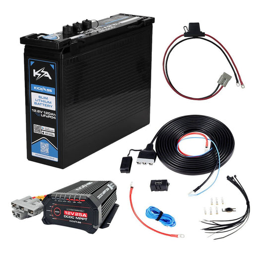 KickAss 12V 120Ah Slimline Lithium Essentials Dual Battery Kit with 25A DCDC Charger, Wiring Kit and Maxi Fuse Holder