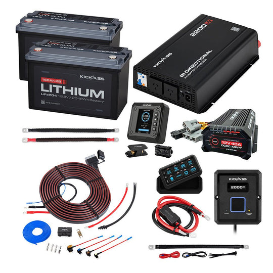 KickAss ProductsKickAss 12V 160Ah Complete Dual Battery Kit with 2200W Inverter-Charger, DCDC Charger & Wiring - 320Ah Total CapacityKA-PSWICHG2200-LIT160-DCDC40A
