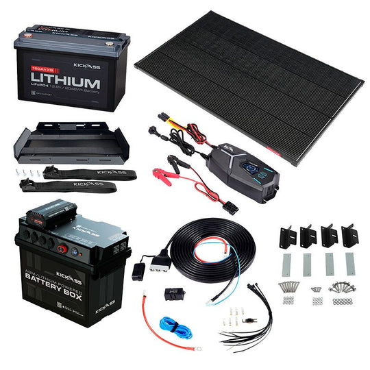 KickAss ProductsKickAss 12V 160Ah Deep Cycle Lithium Battery Essentials Dual Battery Kit with DCDC Charger, Smart Charger and Solar PanelKA-160AHLIT-DCDC-ACDC-SOL