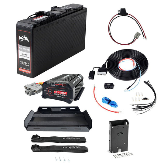 KickAss ProductsKickAss 12V 170Ah Slimline AGM Essentials Dual Battery Kit with 25A DCDC Charger, Battery Tray, Wiring Kit, Accessory Panel and Maxi Fuse HolderKADBKIT170AGMTRAY