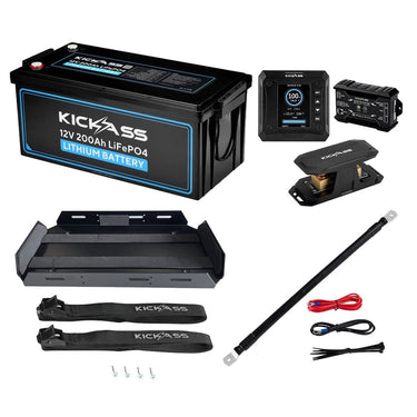 KickAss ProductsKickAss 12V 200Ah Lithium Deep Cycle Battery Bundle with Smart Shunt, Battery Tray and Power Connections KitKA12200XBLIONBUNDLE