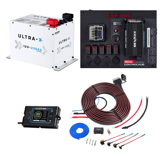 KickAss 12V 230Ah Lithium Arctic White Complete Dual Battery Kit with 40A DCDC Control Hub, Heavy Duty Wiring Kit and Remote Display Unit