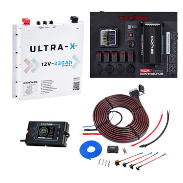 KickAss ProductsKickAss 12V 230Ah Slimline Lithium Arctic White Complete Dual Battery Kit with 40A DCDC Control Hub, Heavy Duty Wiring Kit and Remote Display UnitKADBKIT230SLIMXLIONW