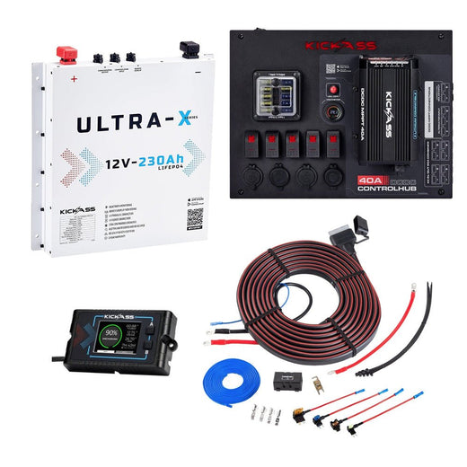 KickAss 12V 230Ah Slimline Lithium Arctic White Complete Dual Battery Kit with 40A DCDC Control Hub, Heavy Duty Wiring Kit and Remote Display Unit