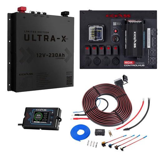 KickAss 12V 230Ah Slimline Lithium Black Edition Complete Dual Battery Kit with 40A DCDC Control Hub, Heavy Duty Wiring Kit and Remote Display Unit
