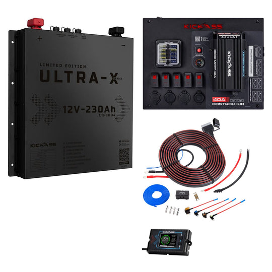KickAss ProductsKickAss 12V 230Ah Slimline Lithium Black Edition Complete Dual Battery Kit with 40A DCDC Control Hub, Heavy Duty Wiring Kit and Remote Display UnitKADBKIT230SLIMXLIONBB