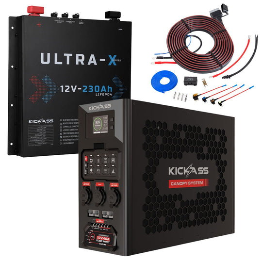 KickAss ProductsKickAss 12V 230Ah Ultra - X Lithium Slimline Deep Cycle Battery Bundle with Wireless Canopy Power System & Wiring Kit - 230Ah Total CapacityBUNDLE-KA12230SLIMX-LION-KA40A8WSCPSL-BL