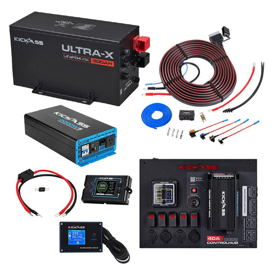 KickAss ProductsKickAss 12V 300Ah Lithium Complete Dual Battery Kit with 2000W Inverter, 12V Control Hub with 40A DCDC Charger & Wiring KitKA-12300UXG2LIT-2000W-DCDC40