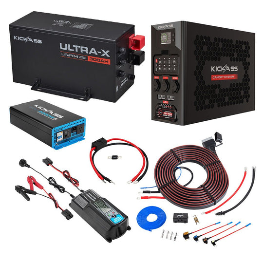 KickAss ProductsKickAss 12V 300Ah Lithium Complete Dual Battery Kit with Wireless Canopy Power System, Inverter & Wiring KitKA-12300UXG2LIT-40ADCDC-2000INV