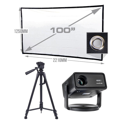 KickAss 12V FHD Outdoor Cinema Smart Projector Bundle with 100" Projector Screen and Tripod