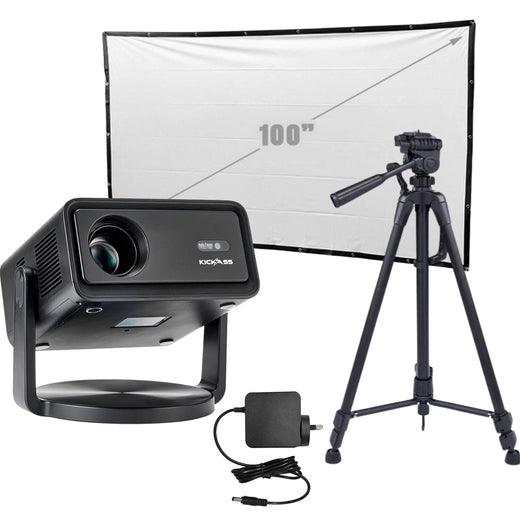 KickAss 12V FHD Outdoor Cinema Smart Projector Bundle with AC to DC Adapter, Tripod and 100" Eyelet Projector Screen