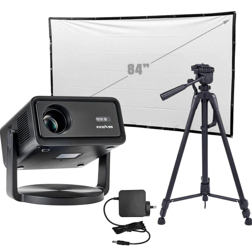 KickAss 12V FHD Outdoor Cinema Smart Projector Bundle with AC to DC Adapter, Tripod and 84" Eyelet Screen Cinema Package