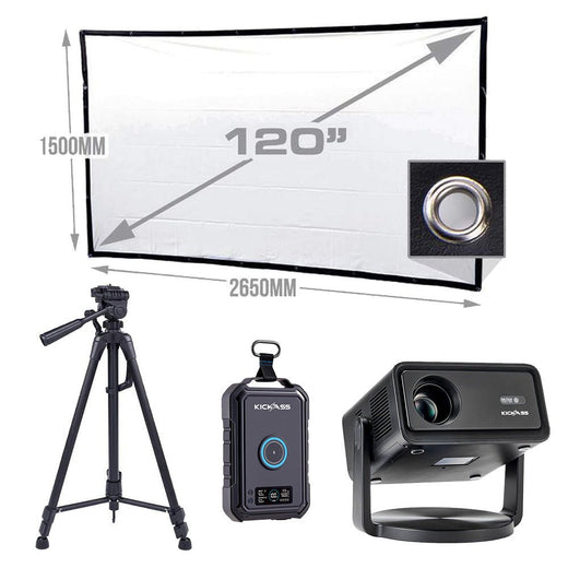 KickAss 12V FHD Outdoor Cinema Smart Projector Bundle with KickCharge 150Wh Power Pack, 120" Screen and Tripod