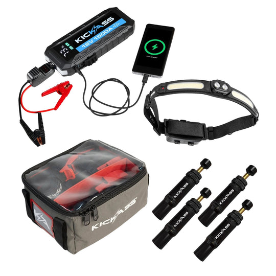 KickAss ProductsKickAss 1500A Jump Starter Bundle with 3 - in - 1 Head Torch, Canvas Storage Bag & Automatic Tyre DeflatorKAJS1500HTSBTD