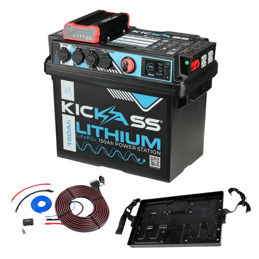 KickAss 150Ah Lithium Power Station Essentials Dual Battery Kit with DCDC Charger, Tray & Wiring