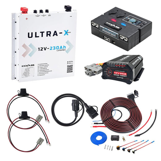 KickAss 230Ah Slimline Lithium Arctic White Complete Dual Battery Kit with 40A DCDC Charger with Bluetooth, 12V Control Box and Battery Monitor, Plug