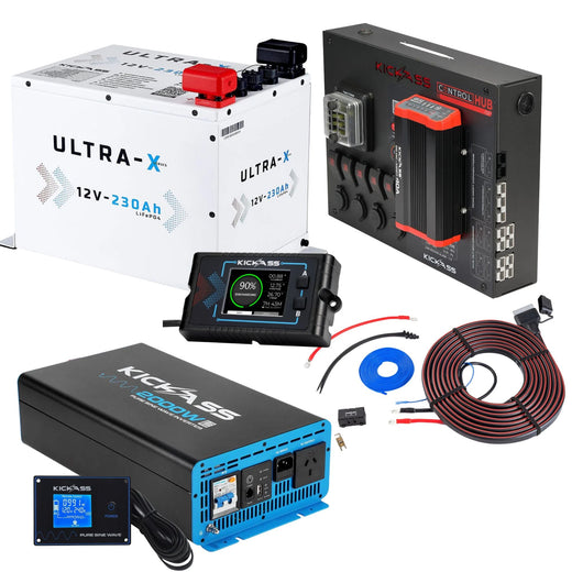 KickAss Smart 12V 230Ah Ultra X Compact Dual Battery Kit in Arctic White with 2000W Inverter, Control Hub with 40A DCDC Charger, Display Panel, Wiring