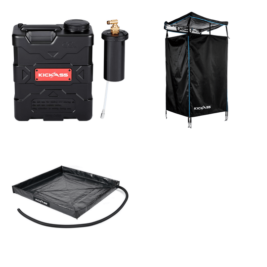 KickAss ProductsKickAss AquaBoss GO 22L Camp Shower Bundle with Premium Shower Awning Black & Blue & BaseKA-AQBGO22L-BBAWN-BASE