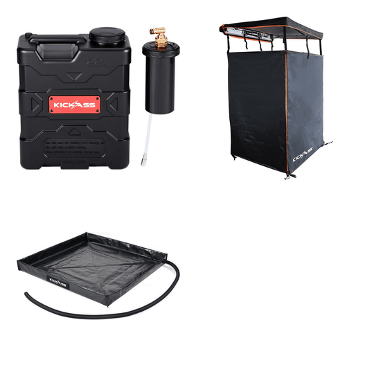 KickAss ProductsKickAss AquaBoss GO 22L Camp Shower Bundle with Premium Shower Awning Black & Orange & BaseKA-AQBGO22L-BOAWN-BASE