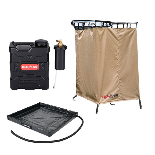KickAss ProductsKickAss AquaBoss GO 22L Camp Shower Bundle with Shower Awning & BaseKA-AQBGO22L-STENT-BASE