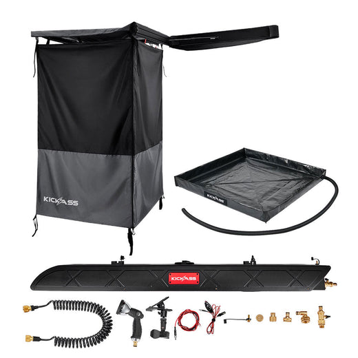 KickAss AquaBoss Rooftop 26L Bundle with Premium Left Fold-Out Shower Tent Awning & Base