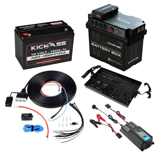 KickAss Battery Box with 25A DCDC Bundle with 120Ah AGM Battery, Tray, Wiring Kit and 22A Charger