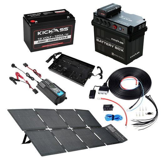 KickAss Battery Box with 25A DCDC Bundle with 120Ah AGM Battery, Wiring Kit, 22A Charger and 120W Solar Blanket