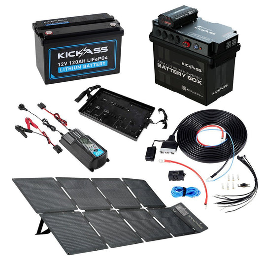 KickAss ProductsKickAss Battery Box with 25A DCDC Bundle with 120Ah Lithium Battery, Wiring Kit, 32A Charger and 120W Solar BlanketKABUNDLE12